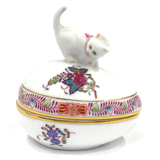 ヘレンド ハンガリー 猫 花柄 金縁 タマゴボックス 小物入れ