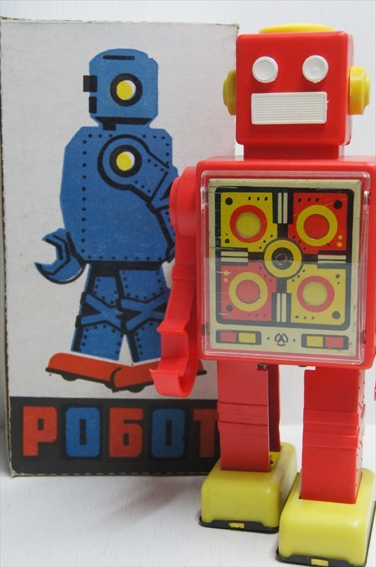 [珍品]ロシア製 ゼンマイ式 ロボット プラ製 2足歩行 1970年代 当時物 箱付き ビンテージ レトロ玩具 雑貨