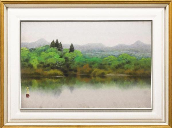 【真作】【WISH】久保嶺爾「緑風」日本画 12号 大作 共シール ◆山湖美景 　　〇日展会友 京都府作品買上 師:下保昭 #21092867