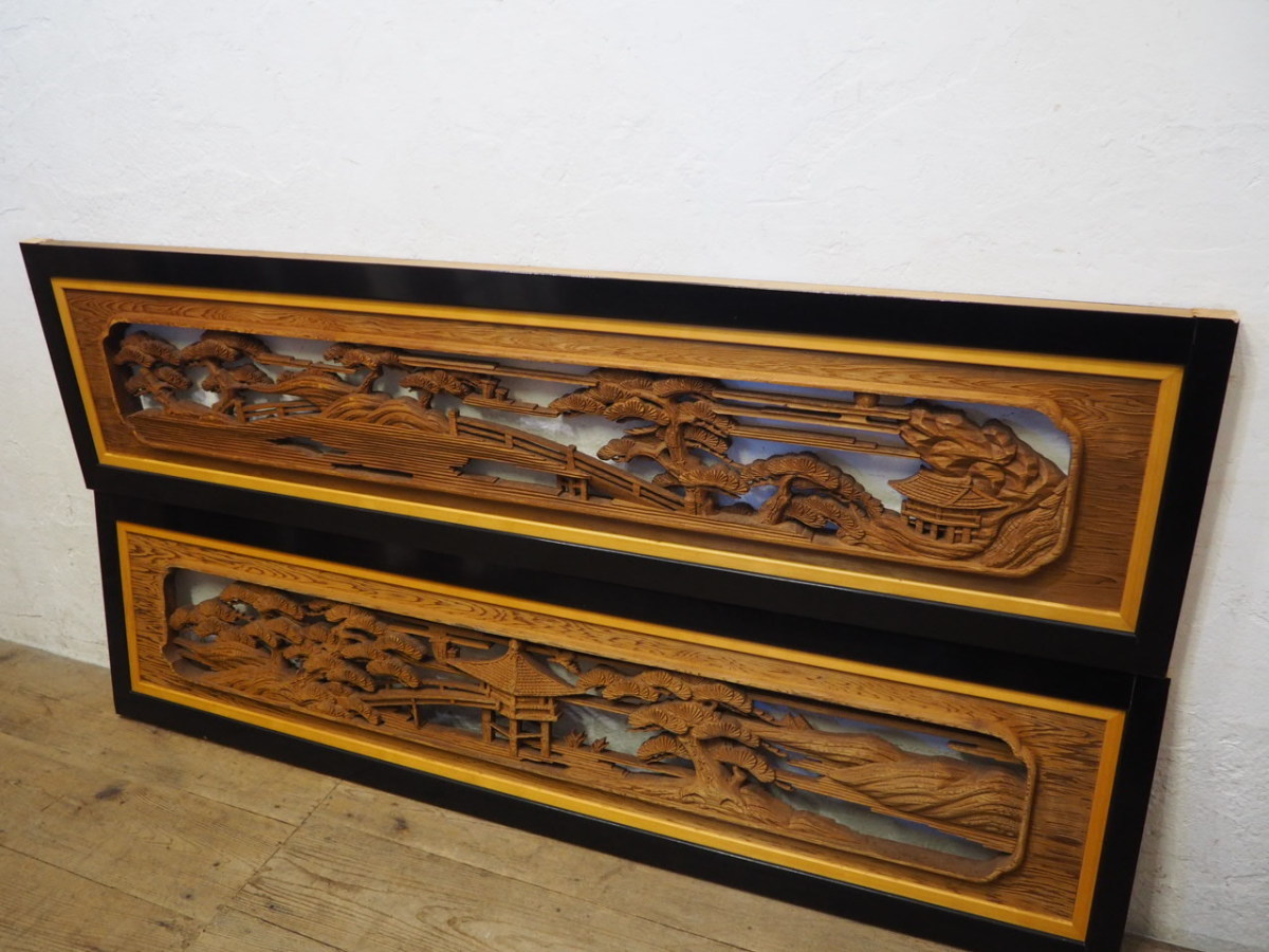 タX0615◆【H43，5cm×W169，5cm】×2枚◆分厚い木彫りデザインのレトロな古い木製欄間◆古建具ランマ彫刻古民家再生町屋和室内装建材K笹1