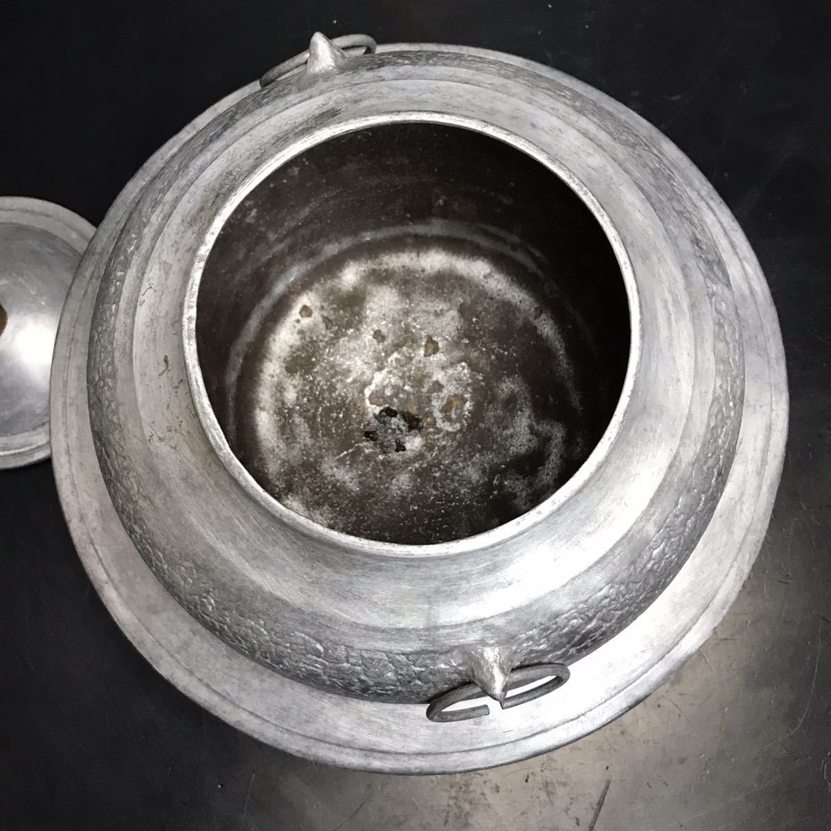 Q335] 茶釜 蓋付き アルミ製 羽釜 鉄釜 茶道具 古道具 古民具 昭和