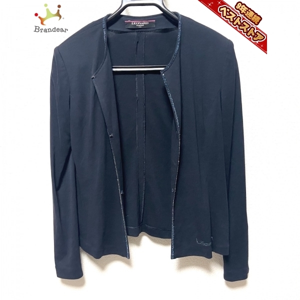 レオナール LEONARD カーディガン サイズM - ダークネイビー×ネイビー レディース 長袖/ラインストーン/肩パッド 美品 トップス