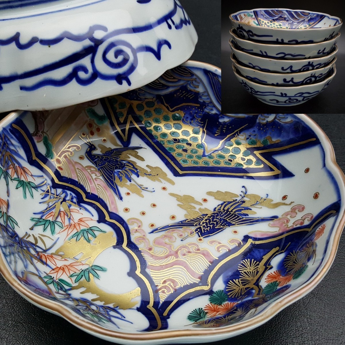 遅日亭】古伊万里 金襴手 花鳥 ナマス皿 5客 無傷 幕末～明治時代