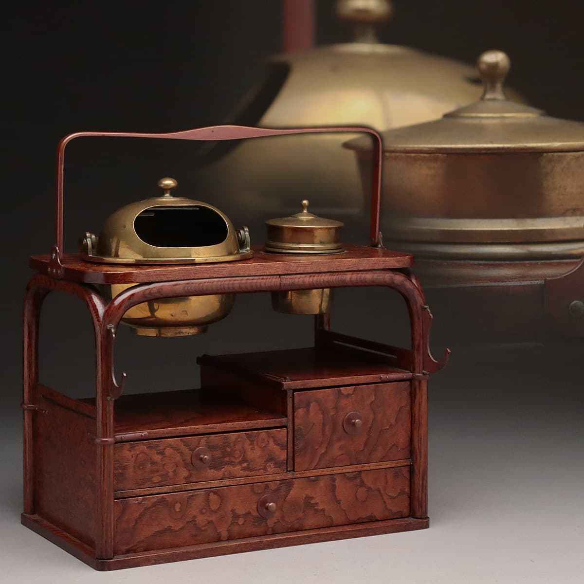 CY436 時代物 銅手付 欅玉杢 小引出付 煙草盆 高21.9cm 重