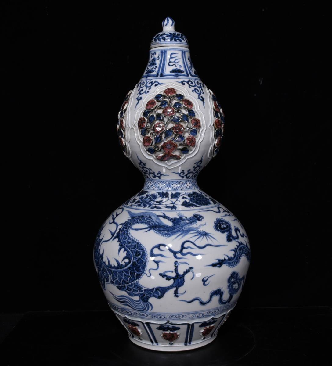 旧蔵 元 青花 釉裡紅 捏花龍紋 梅瓶 陶芸 古陶磁器 中国磁器 極細 元