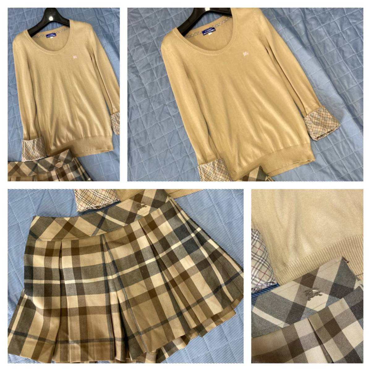バーバリー ブルーレーベル ニット 袖 チェック キュロット ベージュ 