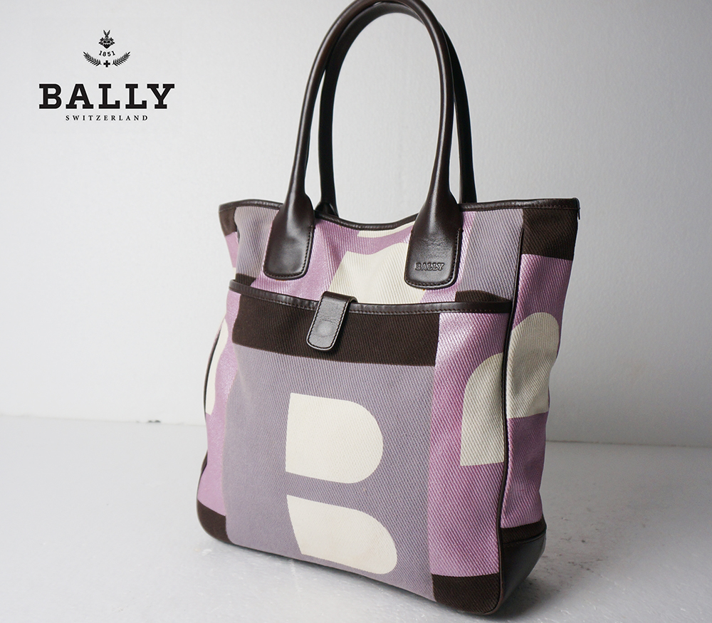 良品 BALLY バリー 総柄 ナイロンキャンバス レザー 本革トート