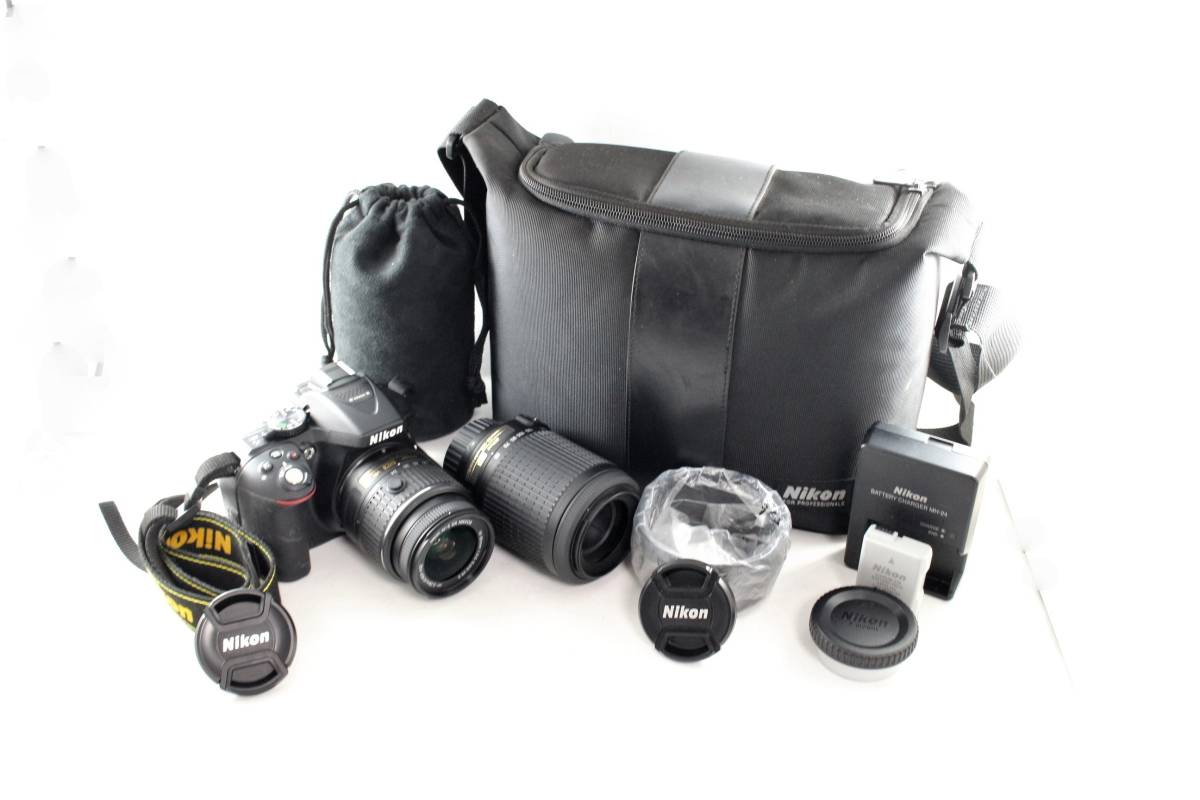 Nikon ニコン D5300 カメラ ボディ + AF-S NIKKOR DX ED G 55-200mm F4-5.6 + VR 18-55mm F3.5-5.6 Ⅱ + 電池パック セット ☆シャッターOK