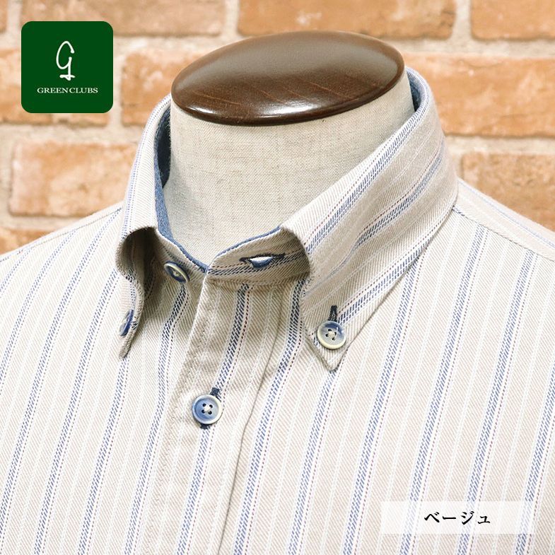 1円/20秋冬/GREENCLUBS/5(XL)サイズ/日本製シャツ コットン起毛ツイル ストライプ BD ワッペン付ポケット 長袖 新品/ベージュ/dt306/