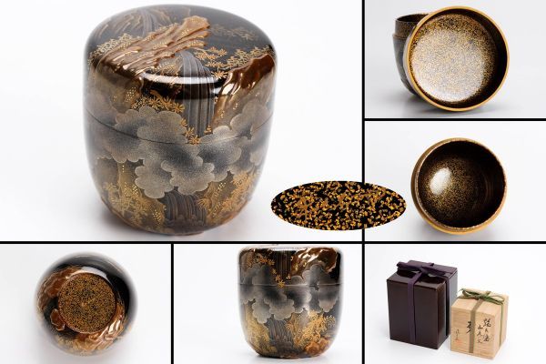 a363 磯上鳳舟 秀逸作 輪島塗山水文棗 二重箱 共箱 共布 茶道具 本物