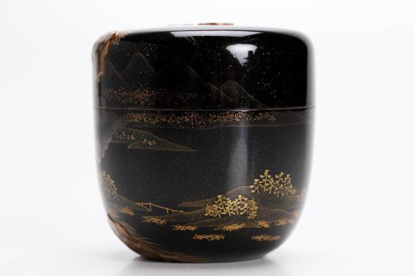 a363 磯上鳳舟 秀逸作 輪島塗山水文棗 二重箱 共箱 共布 茶道具 本物