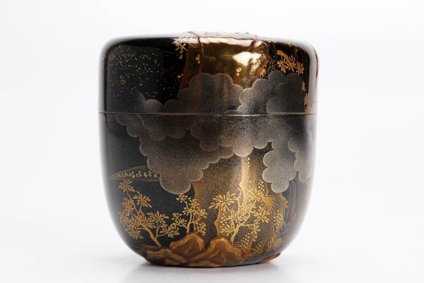 a363 磯上鳳舟 秀逸作 輪島塗山水文棗 二重箱 共箱 共布 茶道具 本物
