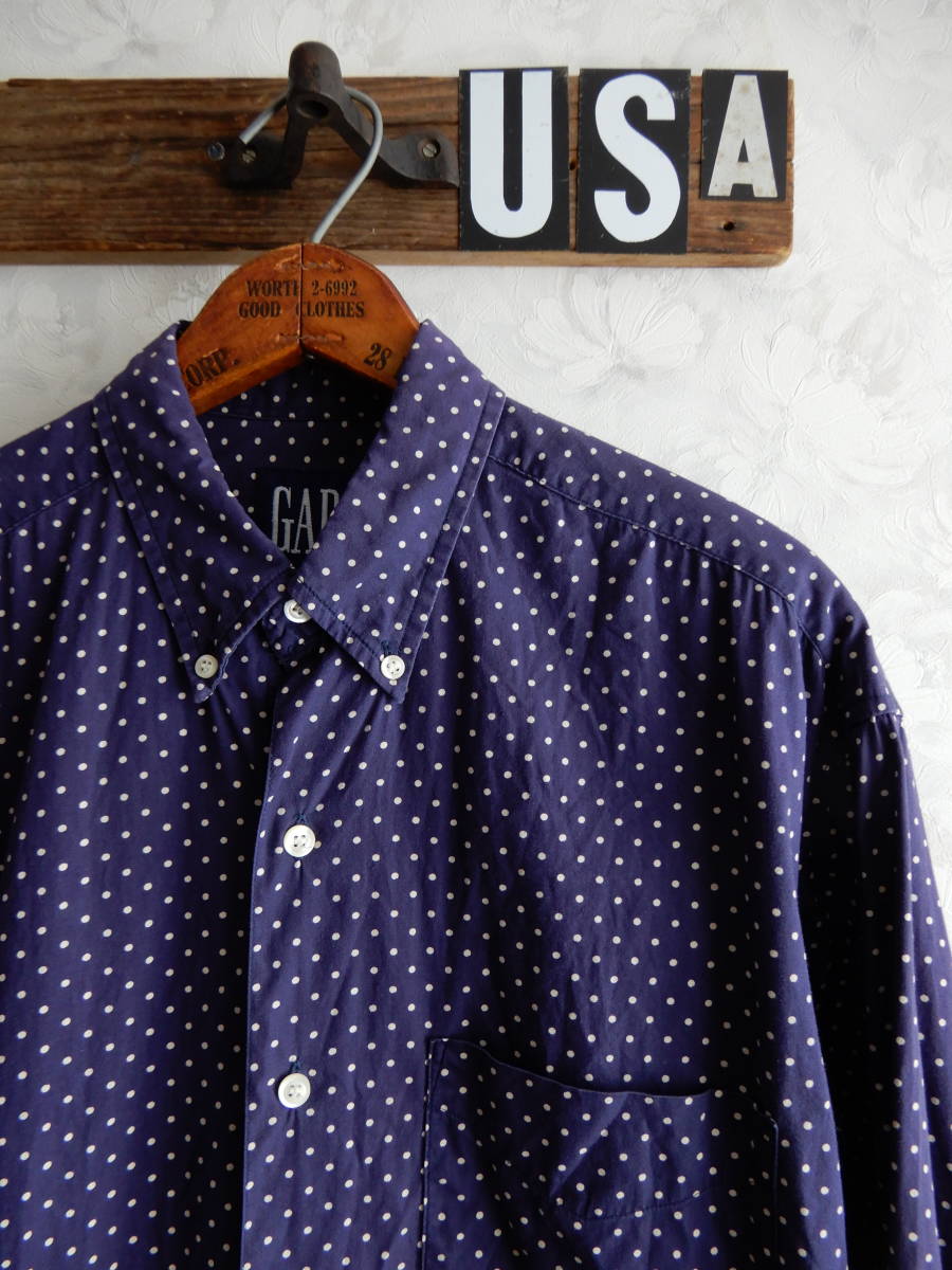 状態良好！９０ｓギャップビンテージドットシャツＵＳＡアメリカ米国オールド古着９０年代コットン１００水玉ネイビー×ホワイトＧＡＰ