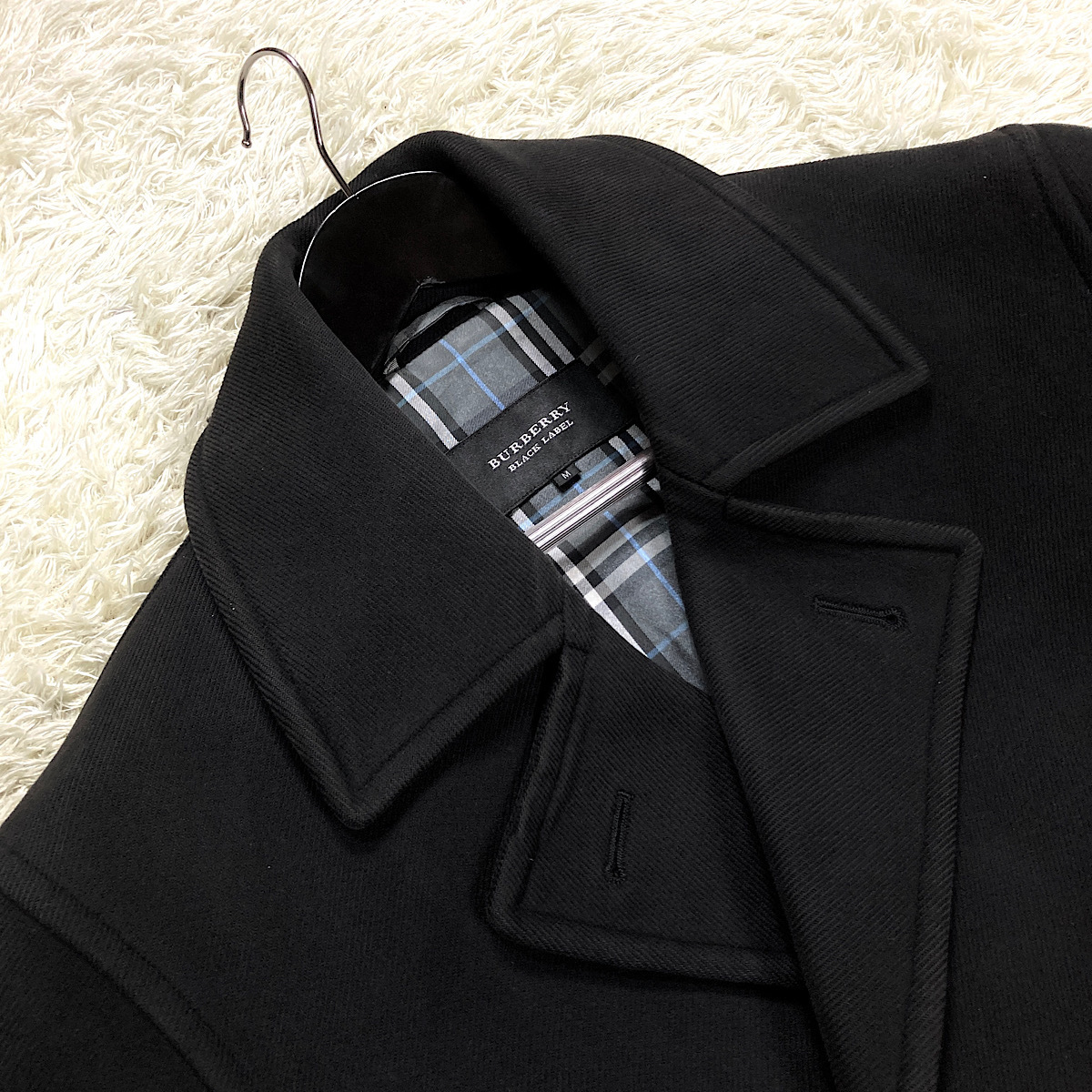 ノバ ノバチェック Pコート BURBERRY ラビットファー 銀 美品!希少青