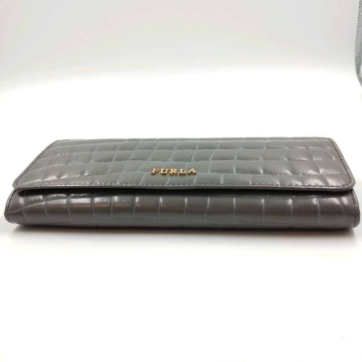 1円スタート FURLA フルラ クロコ型押し レザー 長財布 本革 グレー 