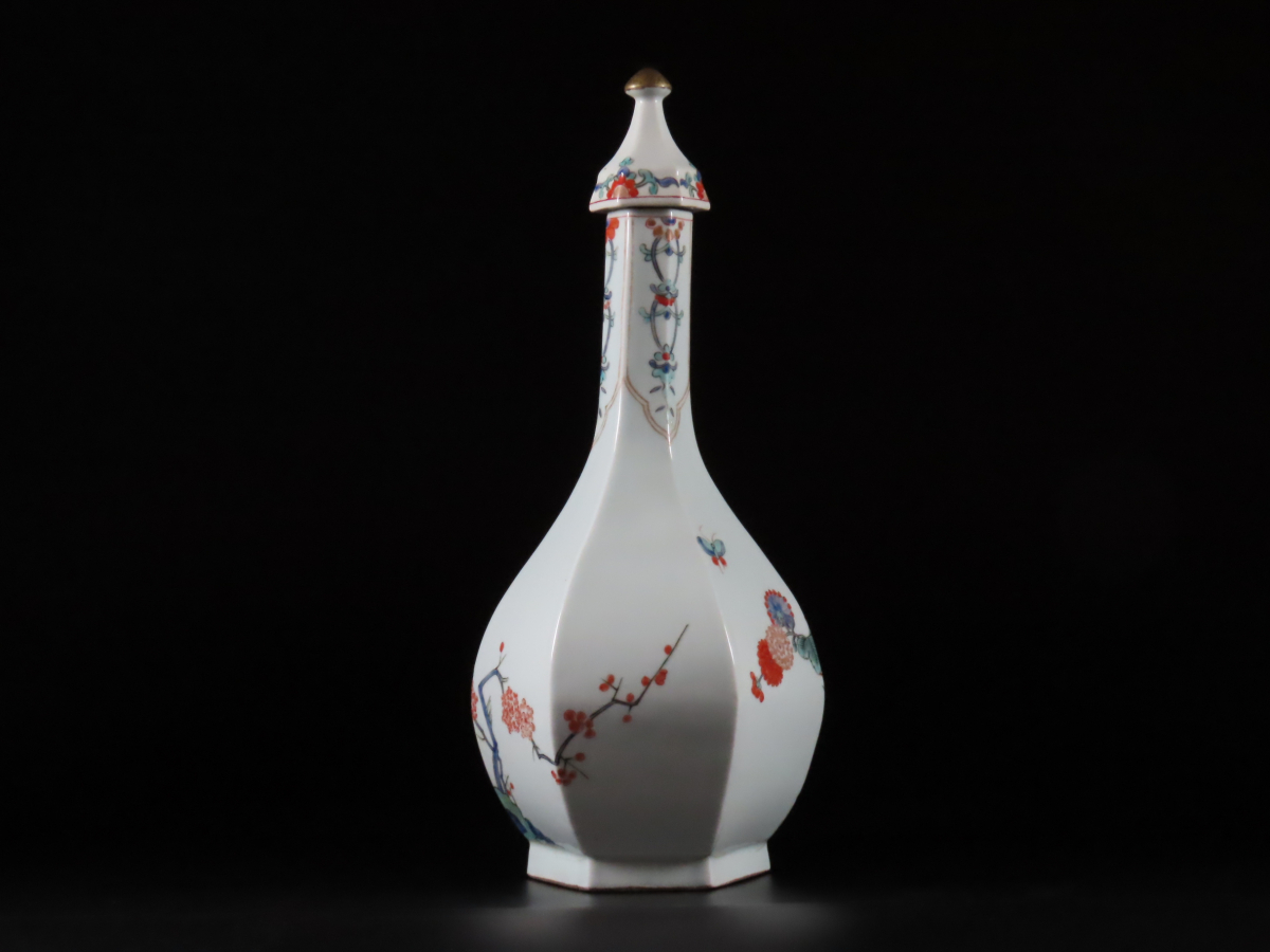 Meissen マイセン オールドマイセン 柿右衛門様式 色絵花蝶面取花瓶 蓋 