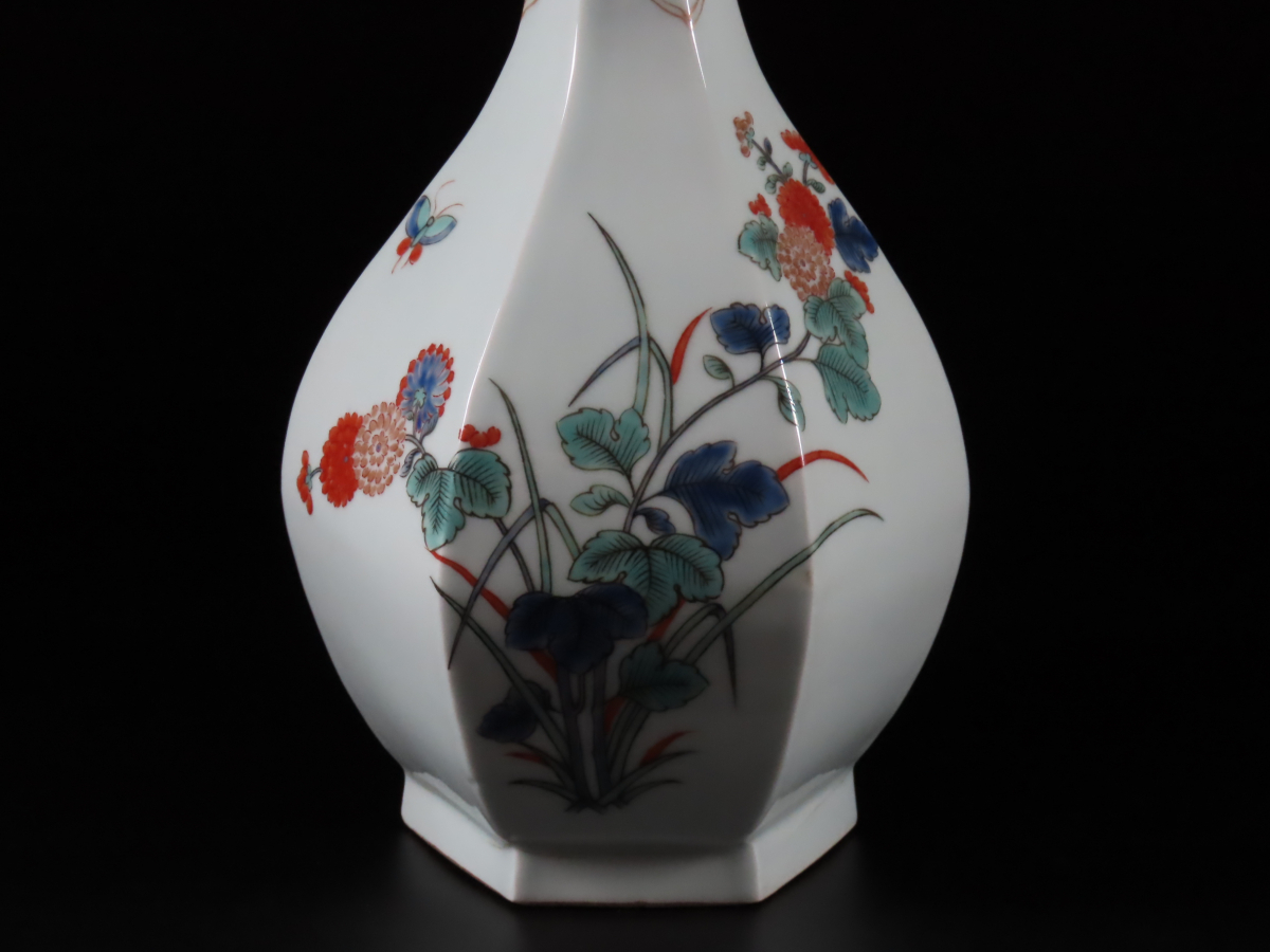 Meissen マイセン オールドマイセン 柿右衛門様式 色絵花蝶面取花瓶 蓋 
