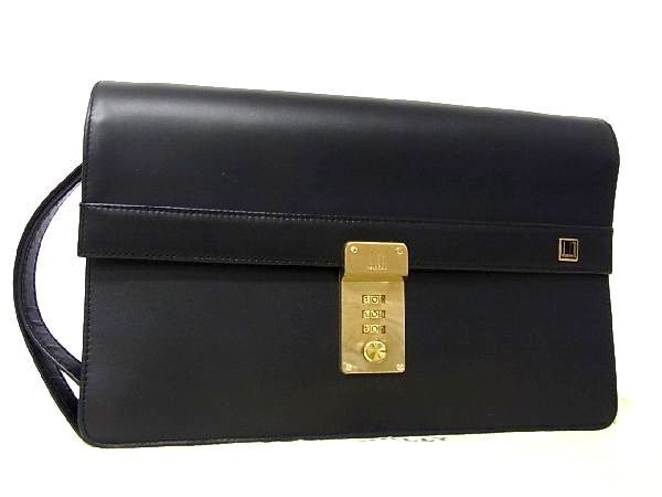 ダンヒル レザー ゴールド金具 内側ロゴ総柄 ギャンティーカード シルバー 1円 ■極美品■ dunhill ダンヒル レザー ゴールド金具 クラッチバッグ セカンドバッグ 手持ちかばん メンズ 紳士 ブラック系 V4357uN