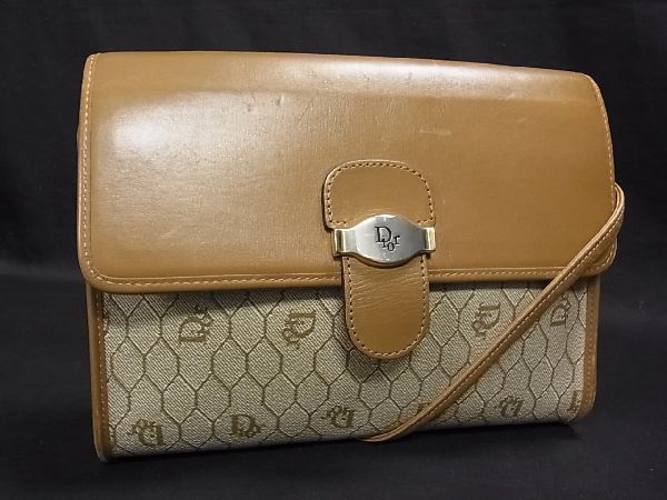 1円 ■美品■ Christian Dior ディオール ヴィンテージ ハニカム柄 PVC×レザー ショルダーバッグ 斜め掛け 肩掛け ブラウン系 P5882アオ