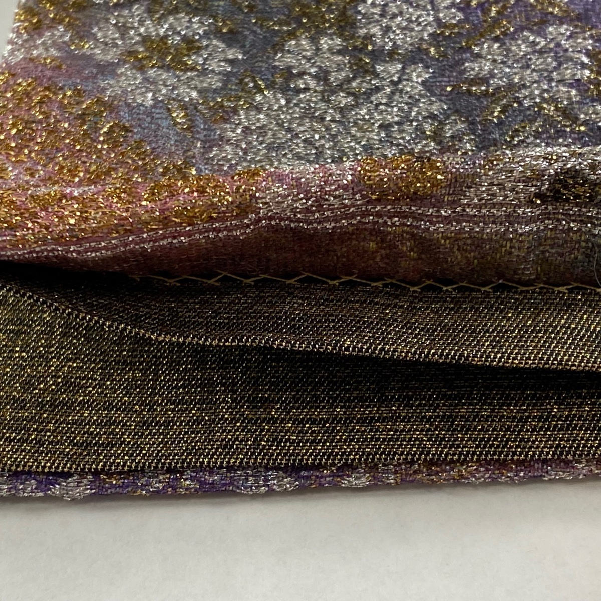 袋帯 美品 秀品 花 七宝 箔 紫 全通 正絹 【中古】 ☆☆☆ 袋帯 美品 正絹 落款あり 振袖向き 縮緬