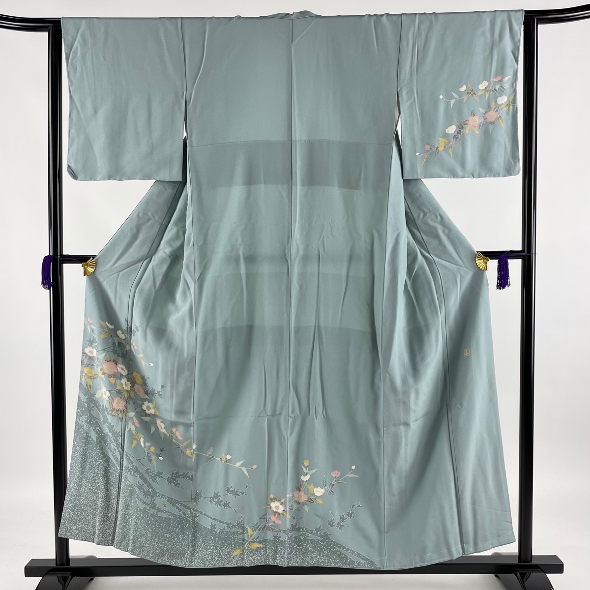 訪問着 美品 名品 落款 草花 シルエット 青灰色 袷 身丈154cm 裄丈63cm S 正絹 【中古】 ☆☆☆☆