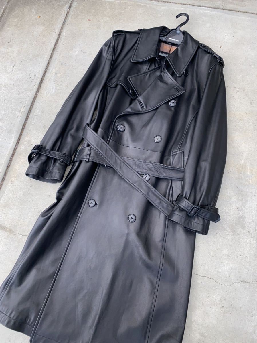 1円スタート バルマンBALMAIN ラムスキン レザートレンチコート 50 