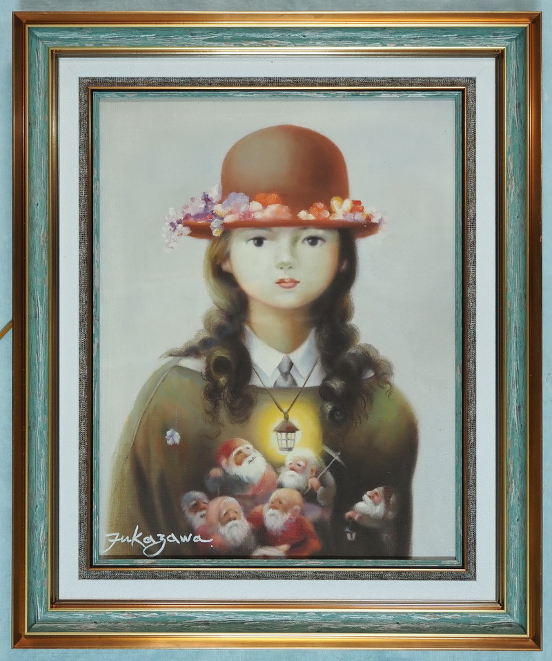 ◎ 美人油彩 深沢邦朗 少女 F6号額付き 中古画作 □ 日本人物 少女 花