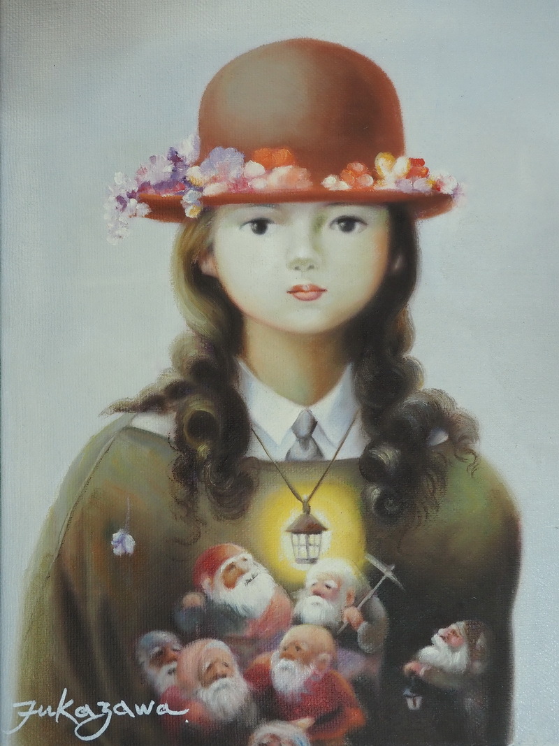 □ 日本人物 少女 花春 F6号絵画 深沢邦朗 額縁有り 中古画作 □(人物