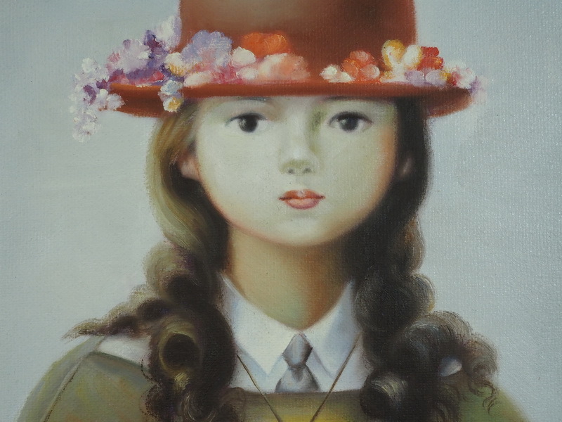 ◎ 美人油彩 深沢邦朗 少女 F6号額付き 中古画作 □ 日本人物 少女 花