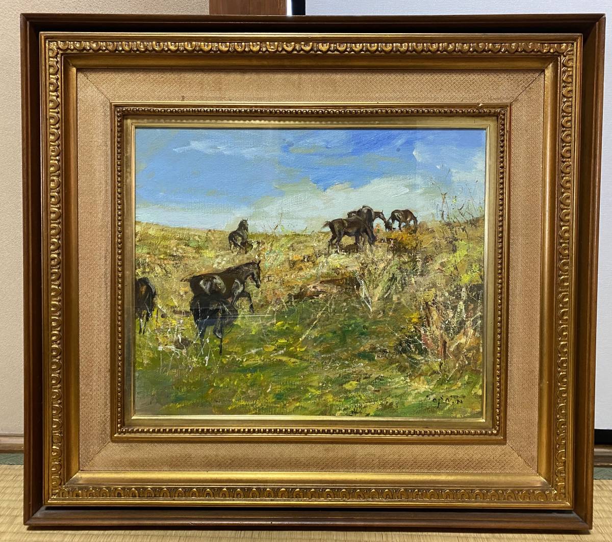 中畑艸人 丘 霧ヶ峰 肉筆 油彩画 のどかな風景、中畑充実期の名画です