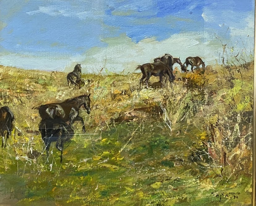 中畑艸人 丘 霧ヶ峰 肉筆 油彩画 のどかな風景、中畑充実期の名画です