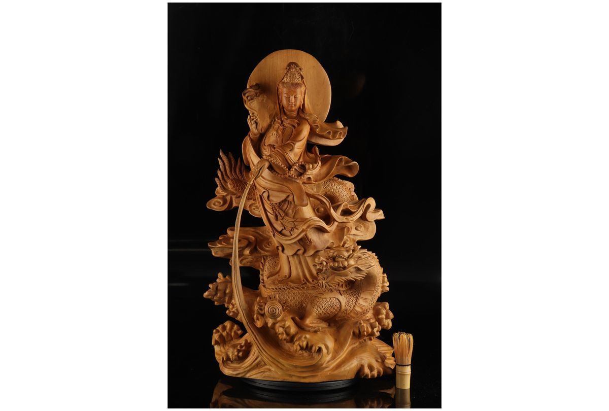 URA]仏教美術/楠木彫刻龍上観音菩薩像/69.5cm/4-s12-162(検)骨董/木彫