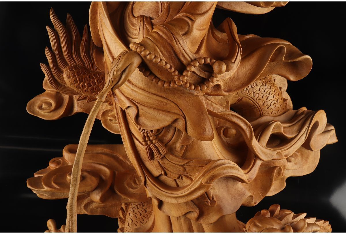 URA]仏教美術/楠木彫刻龍上観音菩薩像/69.5cm/4-s12-162(検)骨董/木彫