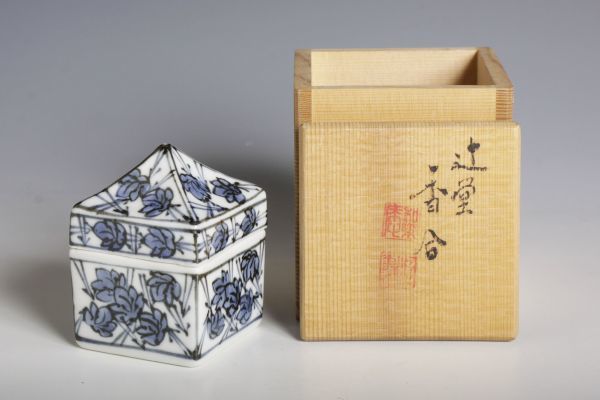 7486 高野昭阿弥 染付辻堂香合(共箱) 香合 茶道具 染付 京焼