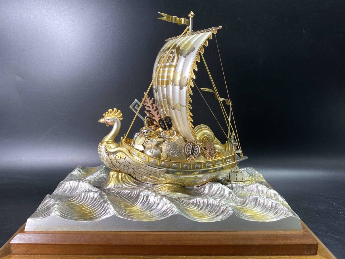 1＃M/6201　関武比古　銀製 鳳凰宝船 置物 STERLING960刻印 細密細工 共箱 ガラスケース付　140サイズ 銀製 宝船 置物 ガラスケース付 SILVER 関
