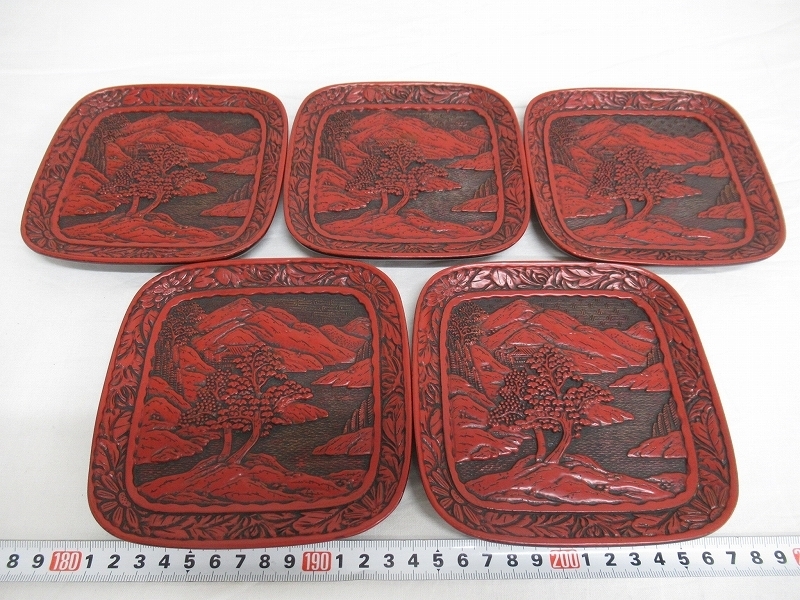 M0664 堆朱 山水文 銘々皿 5点 菓子皿 盛皿 菓子器 □お知らせ 【公式 