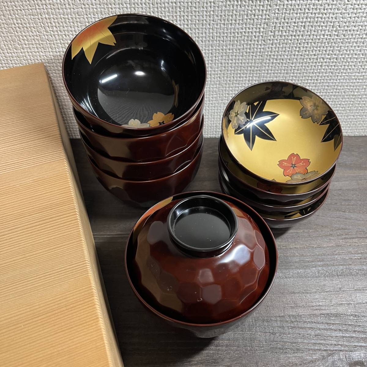 輪島塗 漆器 椀 5個セット 黒地 金色葉 木箱付き 【公式通販】