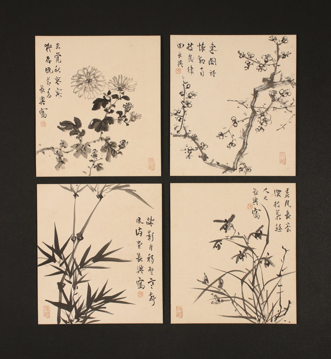 模写】【一灯】pp4944〈小室翠雲〉水墨四君子図 色紙四枚組 共箱 田崎