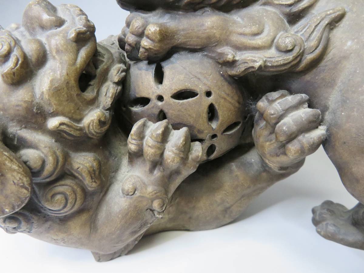 江戸時代 獅子彫刻 書道具 水滴 古備前焼 骨董品 唐獅子 古備前 備前焼 置物 備前焼 唐獅子 獅子 しし 置物 幅約32.5cm 伝統工芸 古美術品 昭和