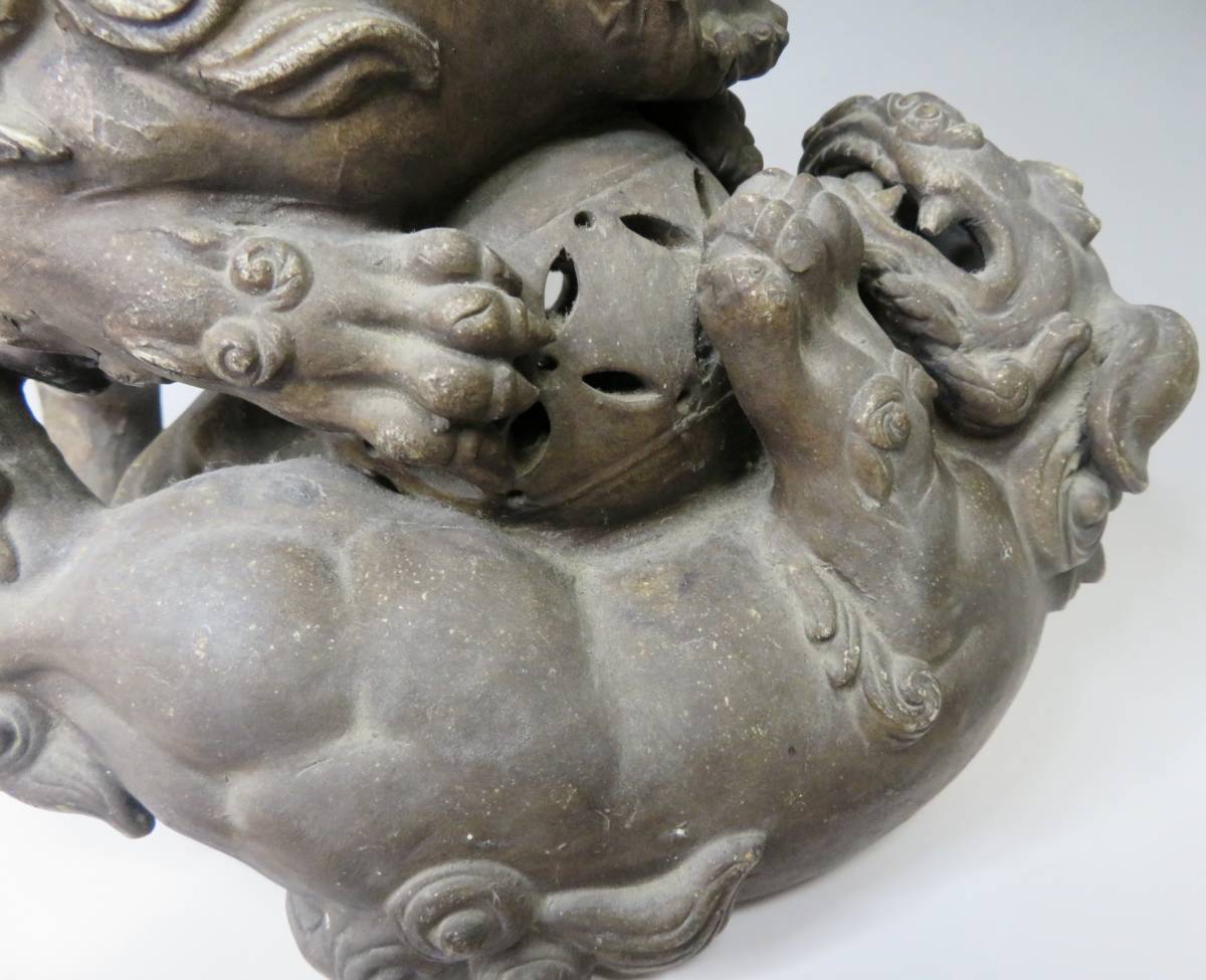 備前焼 唐獅子 獅子 しし 置物 幅約32.5cm 伝統工芸 古美術品 昭和 【