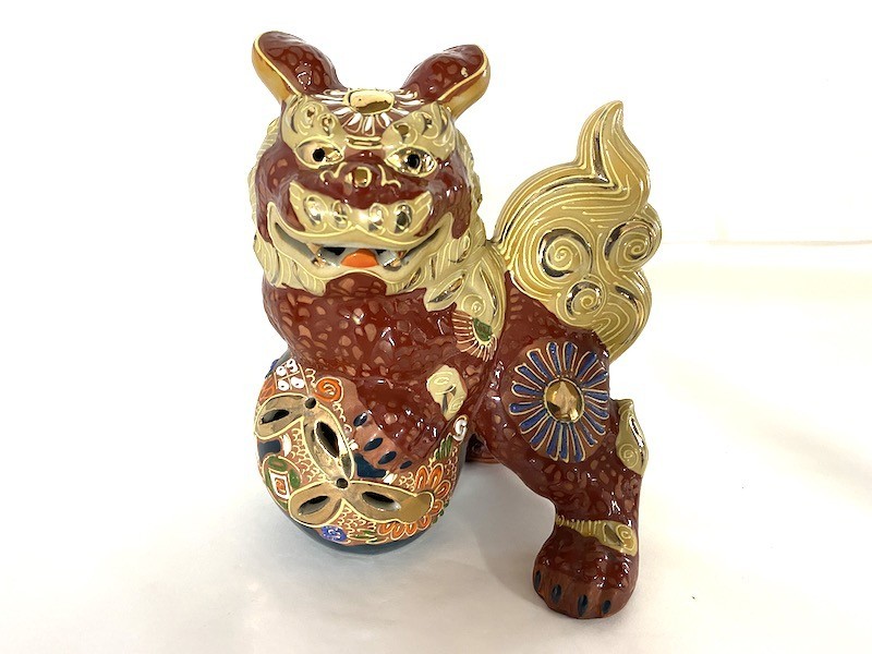 S053】1円スタート 狛犬/獅子 3点セット 九谷焼/練物 陶器 金彩 玉乗り