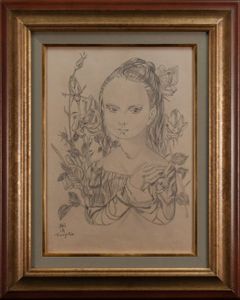 F6号】藤田嗣治【猫を抱く少女】手描き/表裏サイン有り/鉛筆/水彩/額縁