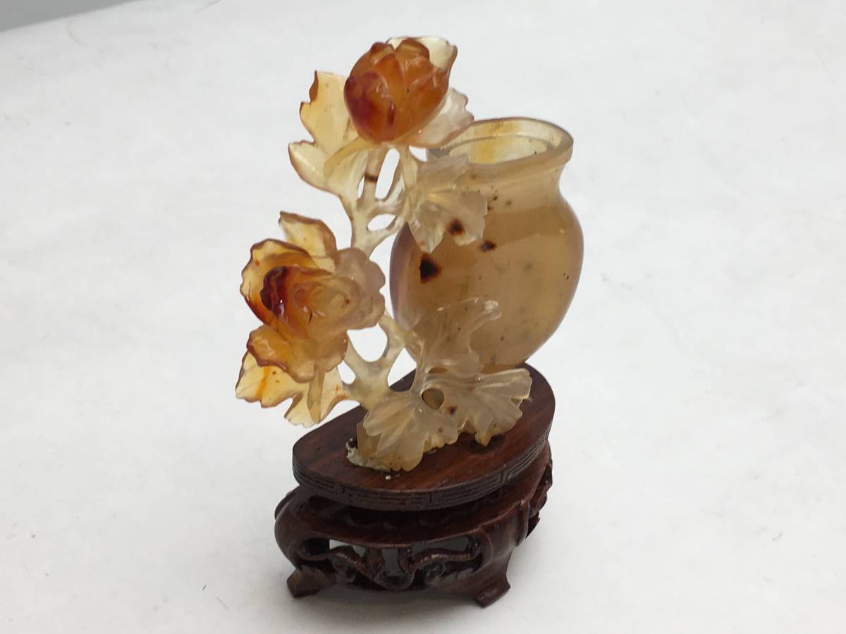 中国美術 花瓶 彫刻 石彫刻 石細工 壺 骨董品 孔雀 綿密細工 玉石