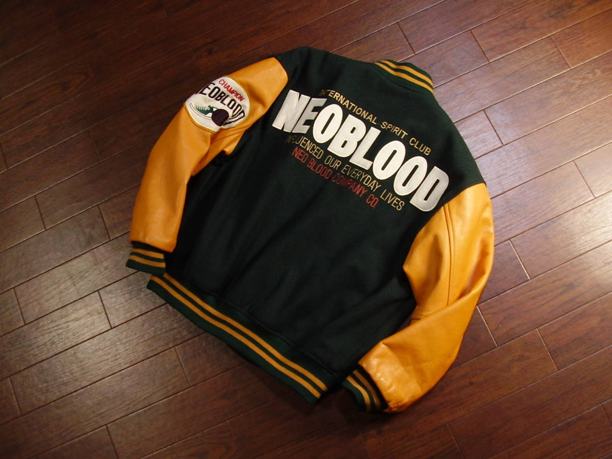 6□美品 NEO BLOOD 袖牛革 スタジャン 緑 size F 6□美品 NEO BLOOD 袖