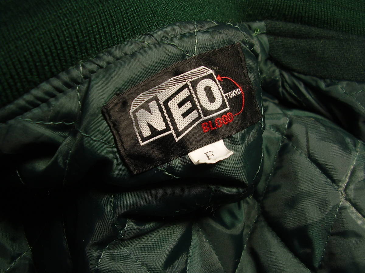 6□美品 NEO BLOOD 袖牛革 スタジャン 緑 size F 6□美品 NEO BLOOD 袖