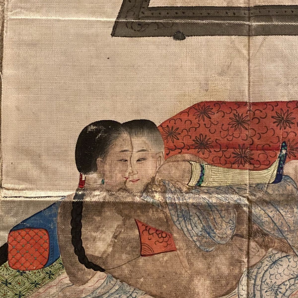 中国春画 肉筆 絹本 春宮図 枕絵 秘画 艶画 辮髪 纏足 中国画 唐