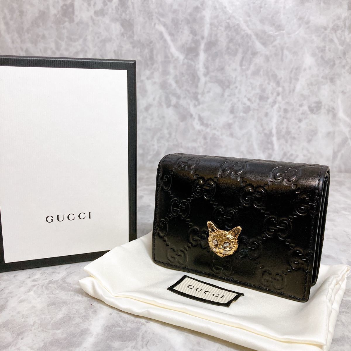 1円 超美品 GUCCI グッチ GG シマ リネアキャット 2つ折り財布 