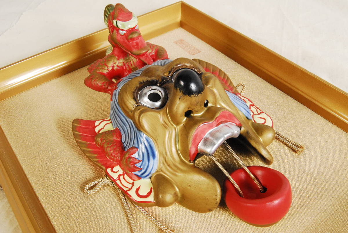 8393 木彫り アジア 神々 お面 ベトナム製 陶器製 立体的 額装 セット 