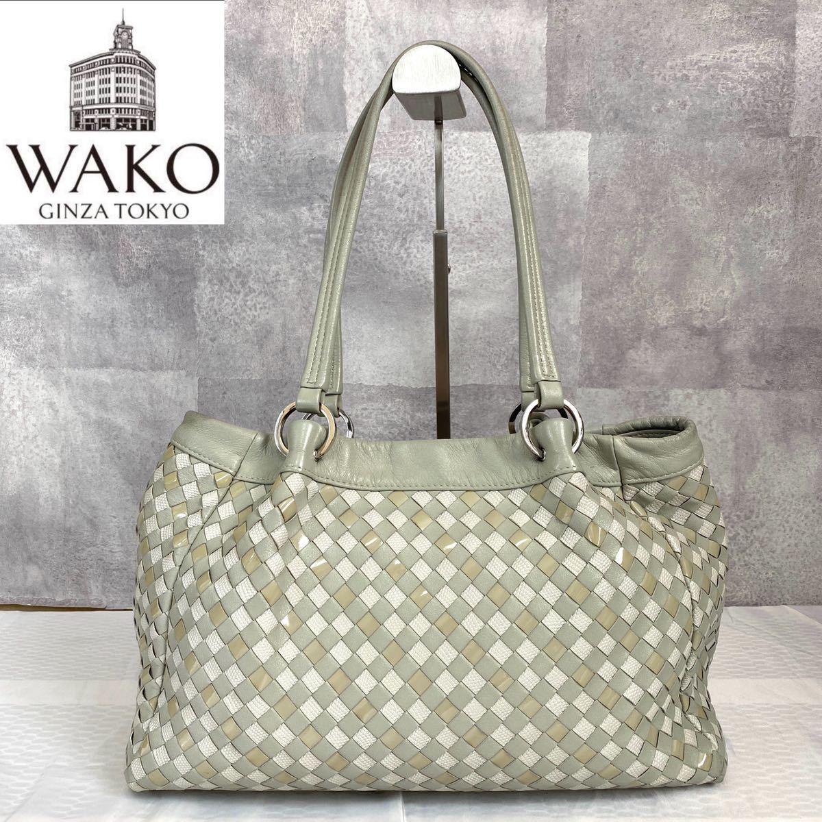 専用品WAKO 銀座和光 シボ革 グレー ゴールド金具 肩掛け ハンドバッグ 