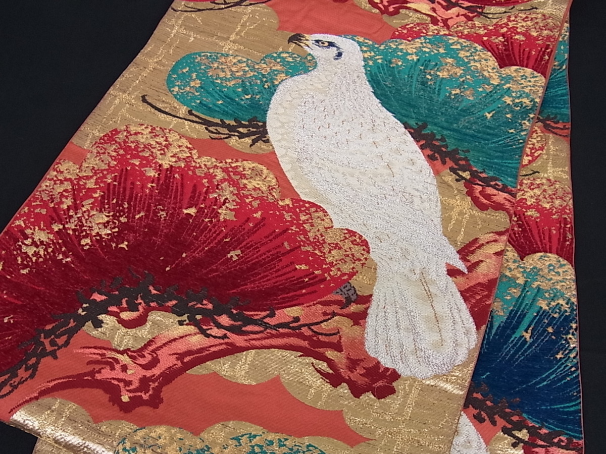 花美人着物□アンティーク 大正ロマン 六通柄袋帯 刺繍 白鷹 金銀糸 逸品